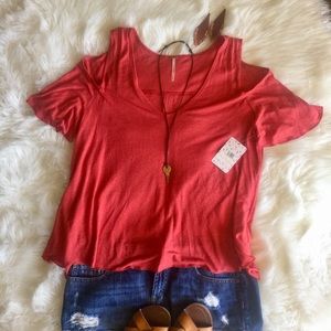 Free People Red cold shoulder flowy tee